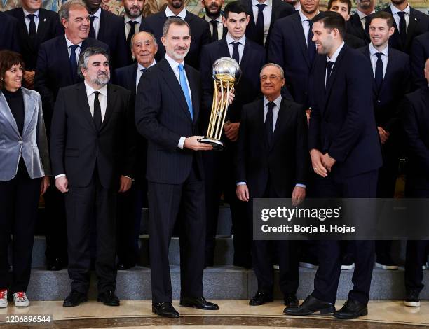 King Felipe VI of Spain receive Real Madrid Basketball Team following their victory at Basketball King’s Cup 2020 at Zarzuela Palace on February 17,...