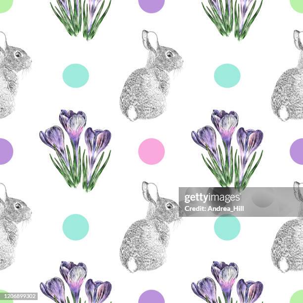 ilustrações, clipart, desenhos animados e ícones de crocus flowers e easter bunny pen e ink vector padrão perfeito - caneta e nanquim