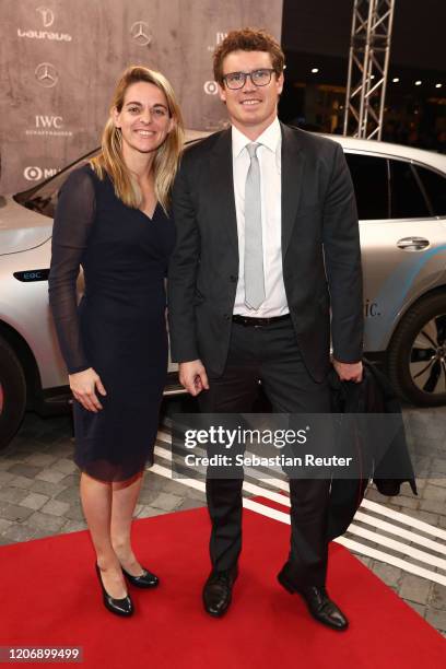 Nia Kuenzer and her husband Felix Groh attend the 2020 Laureus World Sports Awards at Verti Music Hall on February 17, 2020 in Berlin, Germany.