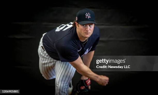 New York Yankees' pitcher Gerrit Cole throwing in the bull pen during spring training in Tampa, Florida on February 16, 2020.