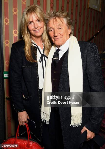 Penny Lancaster and Rod Stewart attend the Upstart Crow press night at the Gielgud Theatre on February 17, 2020 in London, England.