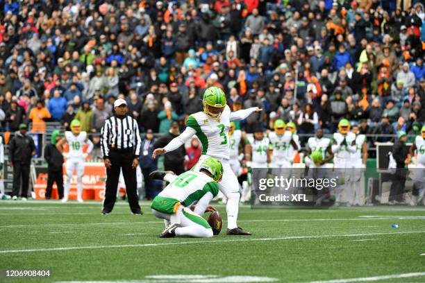 Andrew Franks of the Tampa Bay Vipers kicks a field goal against the Seattle Dragons at CenturyLink Field on February 15, 2020 in Seattle, Washington.