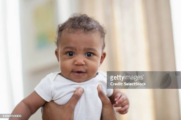 porträt des babys, das in die kamera schaut - cute black newborn babies stock-fotos und bilder