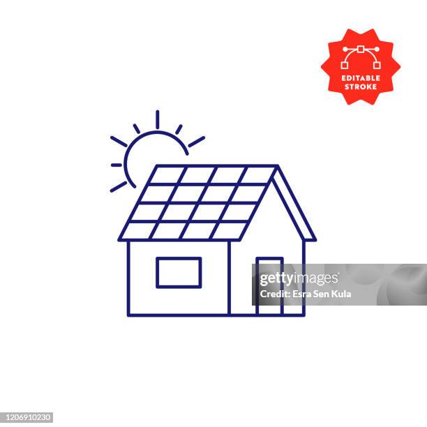 solar roof line icon with editable stroke and pixel perfect. - solar panel house stock illustrations