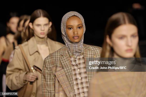 Models walk the runway during the finale at the Burberry show during London Fashion Week February 2020 on February 17, 2020 in London, England.