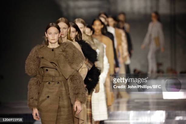 Models walk the runway during the finale at the Burberry show during London Fashion Week February 2020 on February 17, 2020 in London, England.