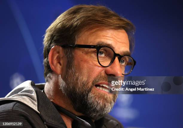 Liverpool Manager Jurgen Klopp speaks to the media during a press conference at Wanda Metropolitano on February 17, 2020 in Madrid, Spain.