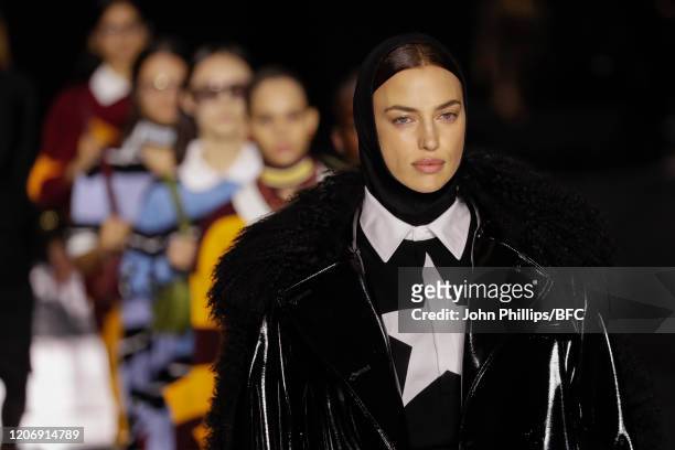 Irina Shayk walks the runway during the finale at the Burberry show during London Fashion Week February 2020 on February 17, 2020 in London, England.