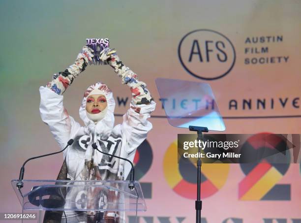 Erykah Badu receives the Soundtrack Award during the Austin Film Society's 20th annual Texas Film Awards at Creative Media Center at Austin Studios...