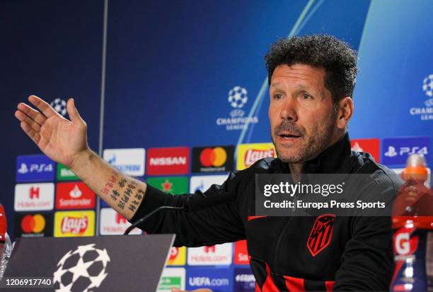 Diego Pablo Simeone, head coach of Atletico de Madrid, attends during the Press Conference before the UEFA Champions League, round of 16 - first leg,...