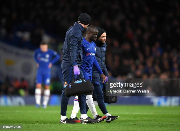 Golo Kante of Chelsea leaves the pitch following an injury during the Premier League match between Chelsea FC and Manchester United at Stamford...