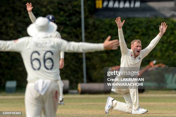 England's Matt Parkinson appeals during the second day of a four-day practice match between Sri Lanka Board President's XI and England at the P. Sara...