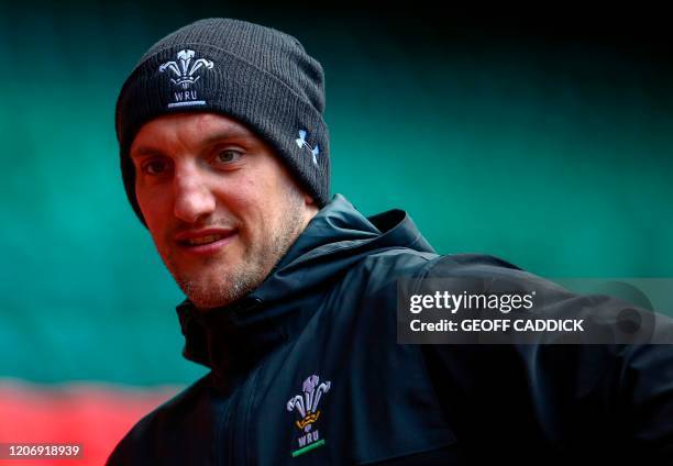 Wales Rugby technical adviser Sam Warburton attends the captain's run training session at the Principality stadium in Cardiff, south Wales on March...