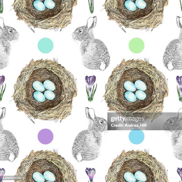 spring or easter watercolor and ink vector seamless pattern - bunny pattern stock illustrations