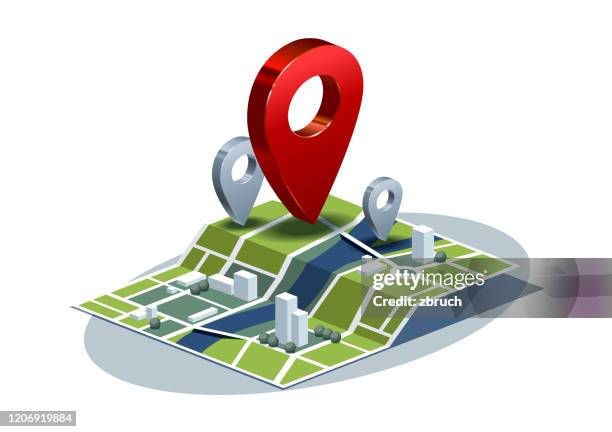 isometric 3d map with red pin over the city. - tracking progress stock illustrations
