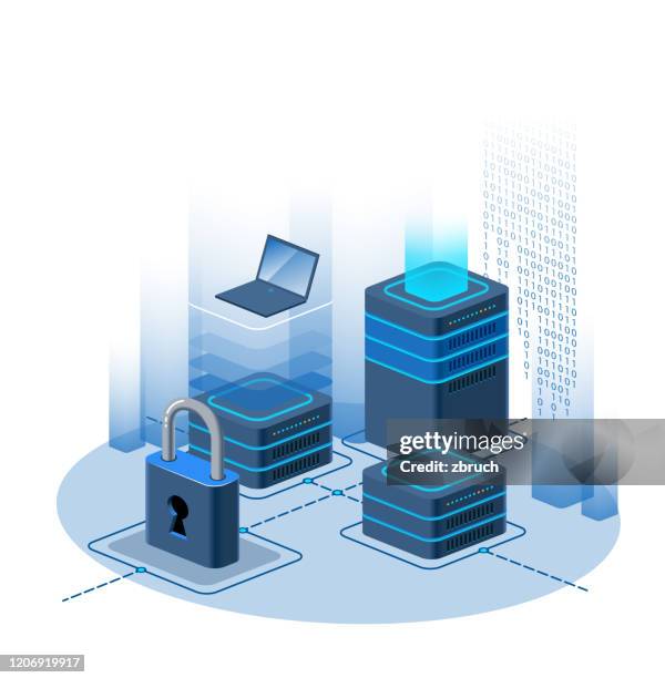 ilustraciones, imágenes clip art, dibujos animados e iconos de stock de concepto de protección de la información en estilo isométrico. - base de datos