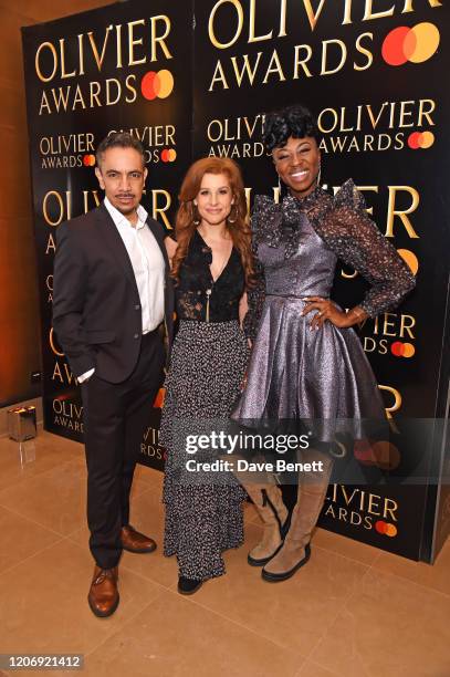 David Bedella, Cassidy Janson and Miriam-Teak Lee attend The Olivier Awards Special Recognition Nominees' Celebration at The May Fair Hotel on March...