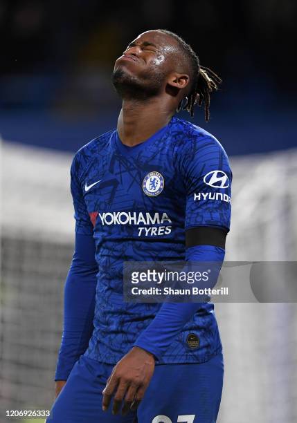 Michy Batshuayi of Chelsea reacts during the Premier League match between Chelsea FC and Manchester United at Stamford Bridge on February 17, 2020 in...