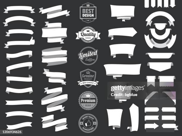 set of white ribbons, banners, badges, labels - design elements on black background - black thumbs up white background stock illustrations