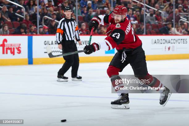 Oliver Ekman-Larsson of the Arizona Coyotes breaks his stick on a one time shot against the New York Islanders during the first period of the NHL...