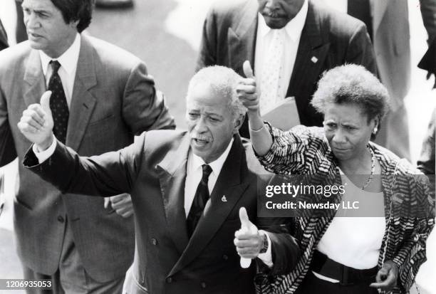 New York City Democratic mayoral candidate David Dinkins and Hazel Dukes, president of the New York Metropolitan branch of the NAACP, give "thumbs...