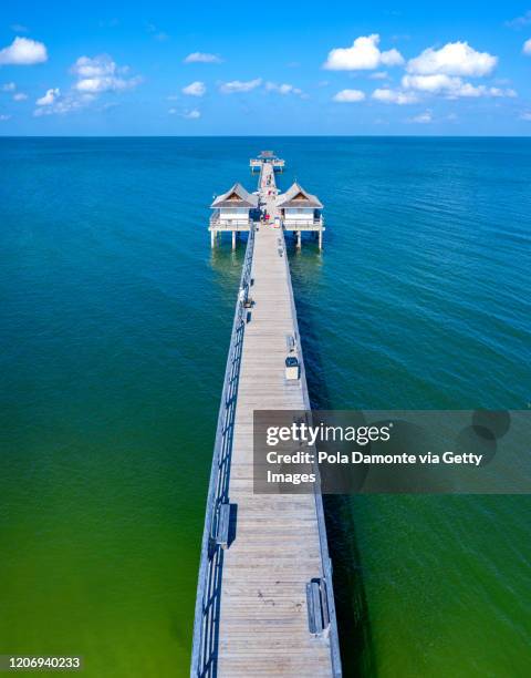 bird's eye point of view of iconic naples pier and calm ocean, florida - naples florida beach stockfoto's en -beelden