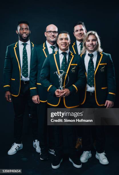 The South African Rugby Uinion team winners of the Laureus World Team of the Year South Africa Rugby Union Team poses at the Mercedes Benz Building...