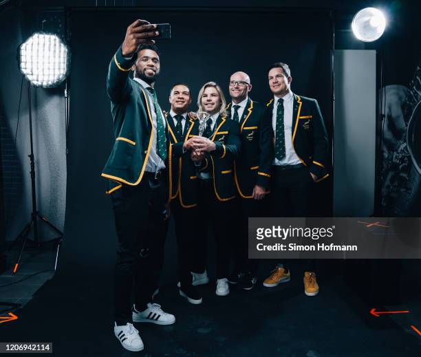 The South African Rugby Uinion team winners of the Laureus World Team of the Year South Africa Rugby Union Team poses at the Mercedes Benz Building...