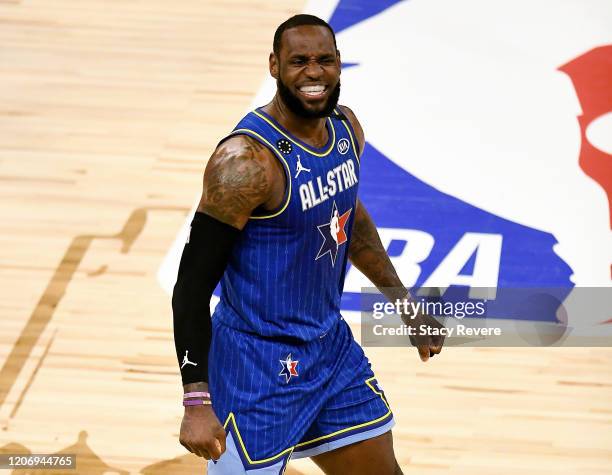 LeBron James of Team LeBron celebrates after beating Team Giannis during the 69th NBA All-Star Game at the United Center on February 16, 2020 in...