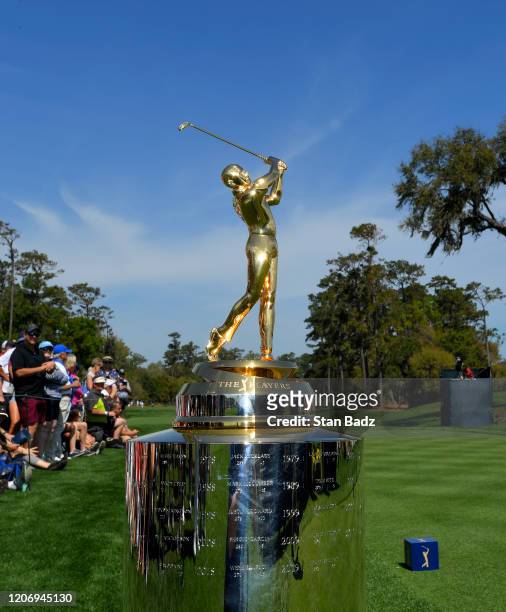View of the PLAYERS trophy on the first tee during the first round of THE PLAYERS Championship on THE PLAYERS Stadium Course at TPC Sawgrass on March...