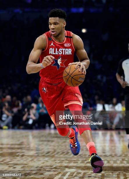 Giannis Antetokounmpo of Team Giannis dribbles the ball in the second quarter against Team LeBron during the 69th NBA All-Star Game at the United...