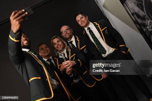 Members of Laureus World Team of the Year the South Africa Mens Rugby Team Siya Kolisi, Cheslin Kolbe, Faf de Klerk Jacques Nienaber and Schalk Brits...