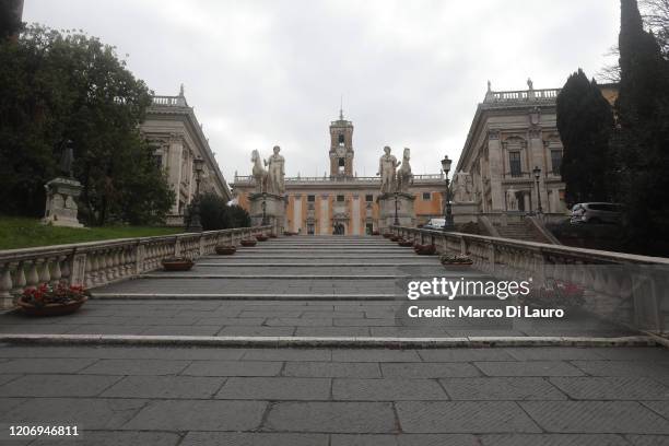 The Campidoglio is seen completely empty on March 13, 2020 in Rome, Italy. Rome's streets were eerily quiet on the second day of a nationwide...