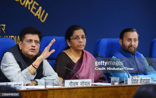 Union Minister of Railways and Commerce Piyush Goyal addresses the media during a press conference in the presence of Union Finance Ministers Nirmala...