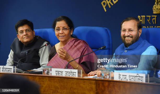 Union Finance Ministers Nirmala Sitharaman addresses the media during a press conference in the presence of Union Minister of Railways and Commerce...