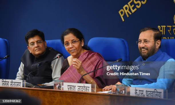 Union Finance Ministers Nirmala Sitharaman addresses the media during a press conference in the presence of Union Minister of Railways and Commerce...