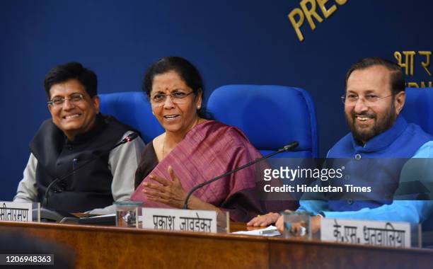 Union Finance Ministers Nirmala Sitharaman addresses the media during a press conference in the presence of Union Minister of Railways and Commerce...