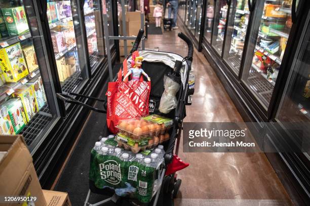 Groceries sit on a baby stroller inside a grocery store on March 13, 2020 in New York City. President Donald Trump is expected to declare national...