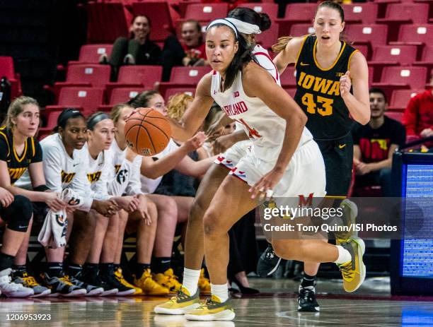 Stephanie Jones of Maryland starts an attack during a game between Iowa and Maryland at Xfinity Center on February 13, 2020 in College Park, Maryland.