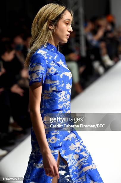 Model walks the runway at the Apujan Autumn/Winter 2020 event during London Fashion Week February 2020 at the Grand Connaught Rooms on February 17,...