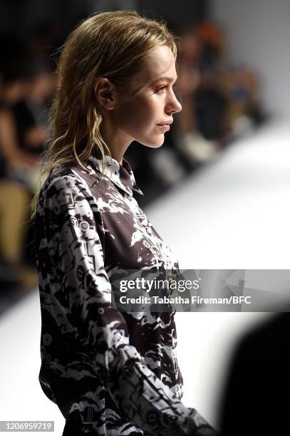 Model walks the runway at the Apujan Autumn/Winter 2020 event during London Fashion Week February 2020 at the Grand Connaught Rooms on February 17,...