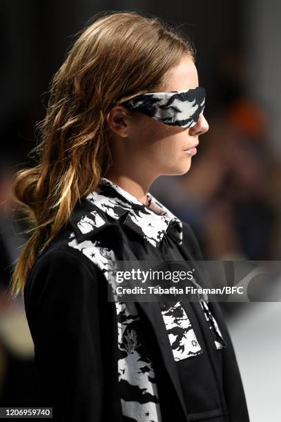 Model walks the runway at the Apujan Autumn/Winter 2020 event during London Fashion Week February 2020 at the Grand Connaught Rooms on February 17,...