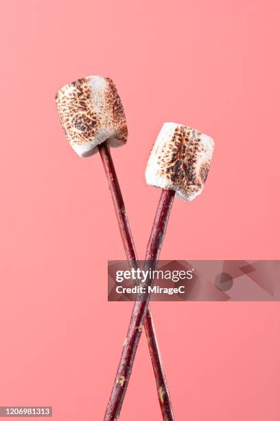 roasted marshmallow on twig - smore stock-fotos und bilder