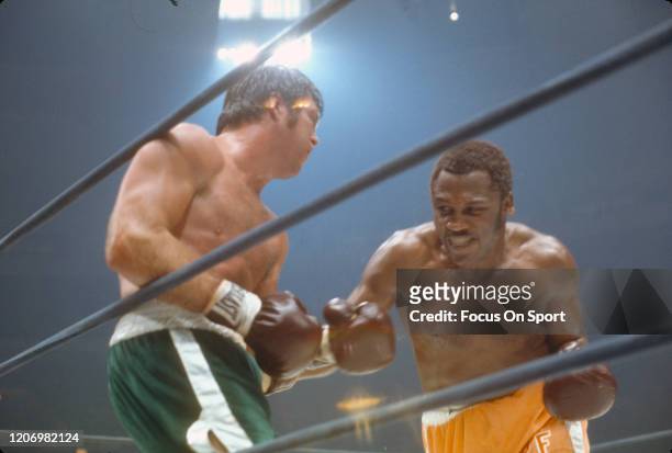 Joe Frazier and Jerry Quarry fight in a heavyweight match on June 17, 1974 at Madison Square Garden in the Manhattan borough of New York City....