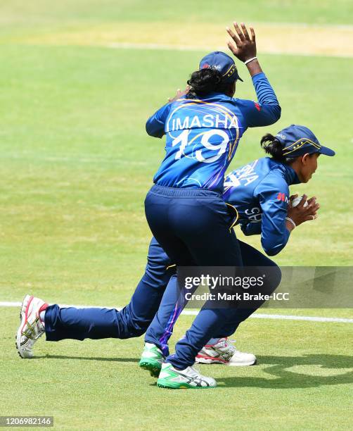 Nilakshi de Silva of Sri Lanka catches Katherine Brunt of England watched by Umasha Thimashani of Sri Lanka during the ICC Women's T20 Cricket World...