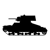 Silhouette Tank Infantry Vickers Mk.E World War 2 Britain tank icon. Military army machine war, weapon, battle symbol silhouette side view. Vector illustration isolated