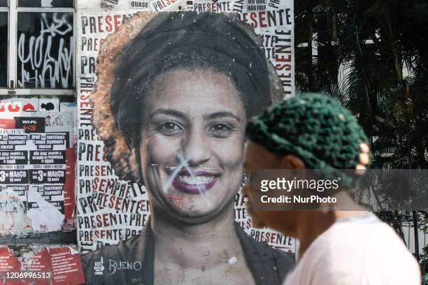 Tribute to Marielle Franco from artist Luis Bueno, is seen in the city of Sao Paulo, on March 13, 2020. March 14 will be marks the second anniversary...
