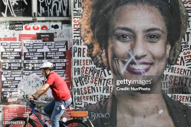 Tribute to Marielle Franco from artist Luis Bueno, is seen in the city of Sao Paulo, on March 13, 2020. March 14 will be marks the second anniversary...