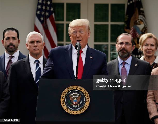 President Donald Trump holds a news conference about the ongoing global coronavirus pandemic in the Rose garden at the White House March 13, 2020 in...