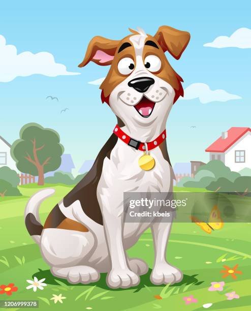 ilustrações de stock, clip art, desenhos animados e ícones de cheerful dog sitting in the meadow - mixed breed dog